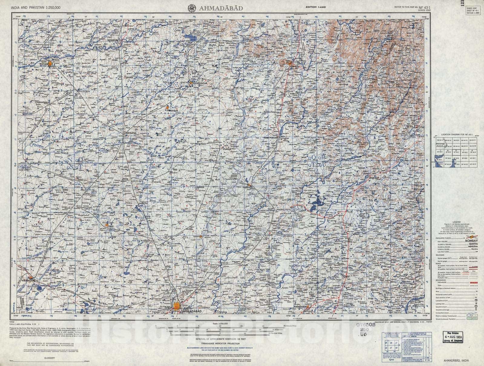 Historic 1955 Map - India and Pakistan 1:250,000. - Ahmadabad, 1959