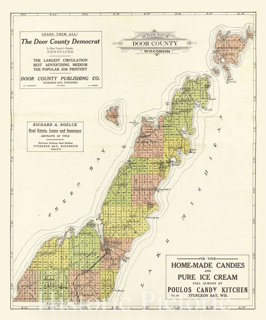 Historic 1914 Map - Atlas of Door County, Wisconsin - Outline Map of Door County, Wisconsin