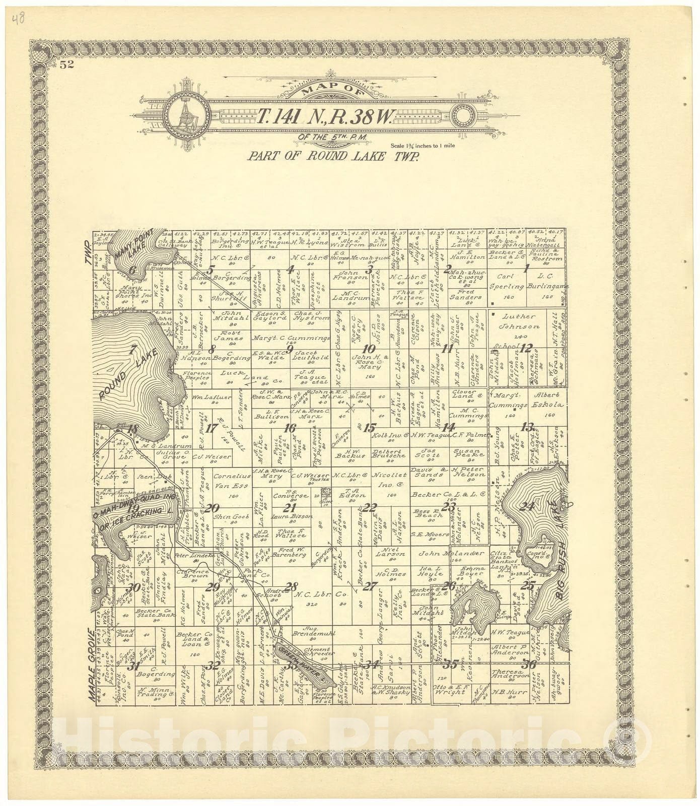 Historic 1929 Map - Standard Atlas of Becker County, Minnesota - Map of T. 141 N,R.38W