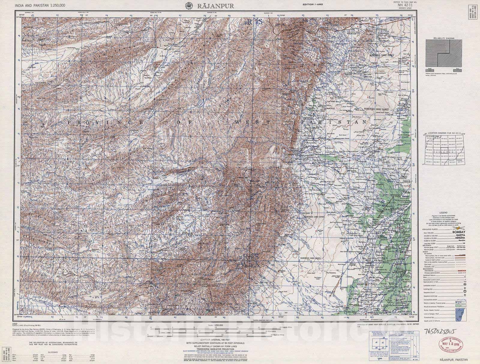 Historic 1955 Map - India and Pakistan 1:250,000. - Rajanpur, Paksitan 1959