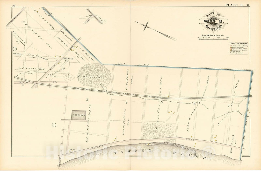 Historic 1880 Map - City Atlas of Oswego, New York - Part of Ward 8. Oswego. Plate K. - Atlas of The City of Oswego N.Y.