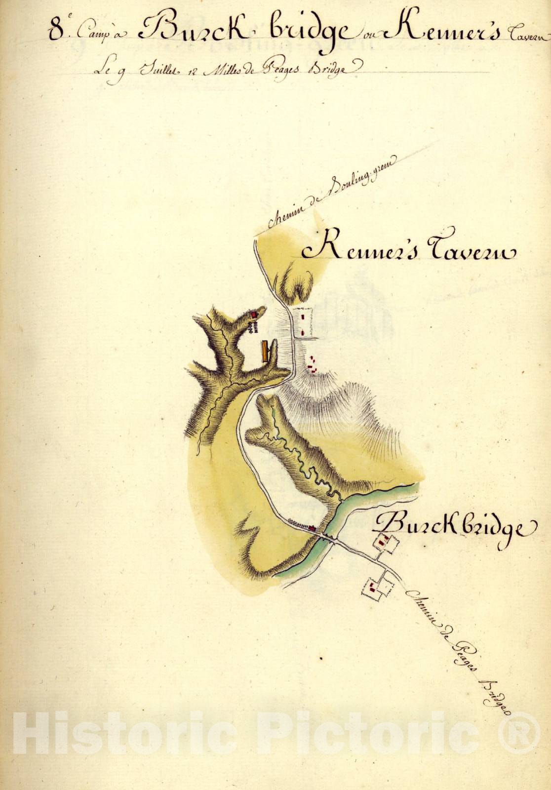 Historic 1782 Map - AmÃ©rique campagne. - Camp a Busck Bridge au Kenner's Tavern