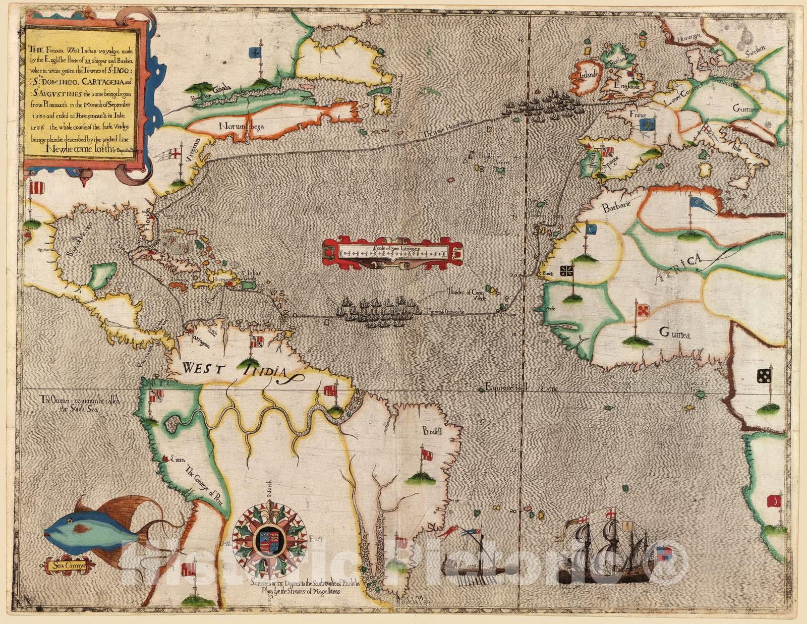 Historic 1589 Map - Map and Views Illustrating Sir Francis Drake's West Indian Voyage, 1585-6. - Cartagena