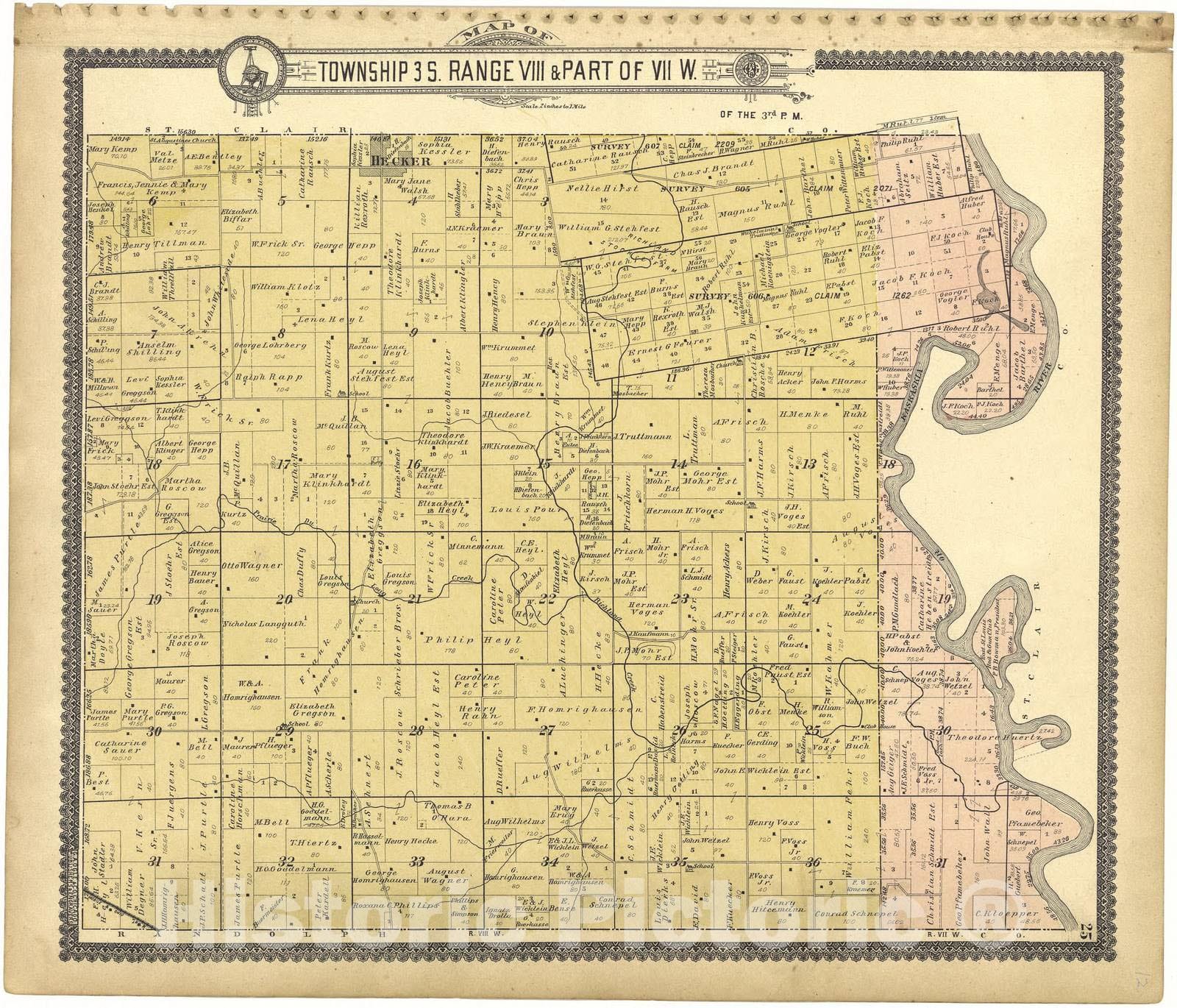Historic 1901 Map - Standard Atlas of Monroe County, Illinois - Map of Township 3 S. Range X W.