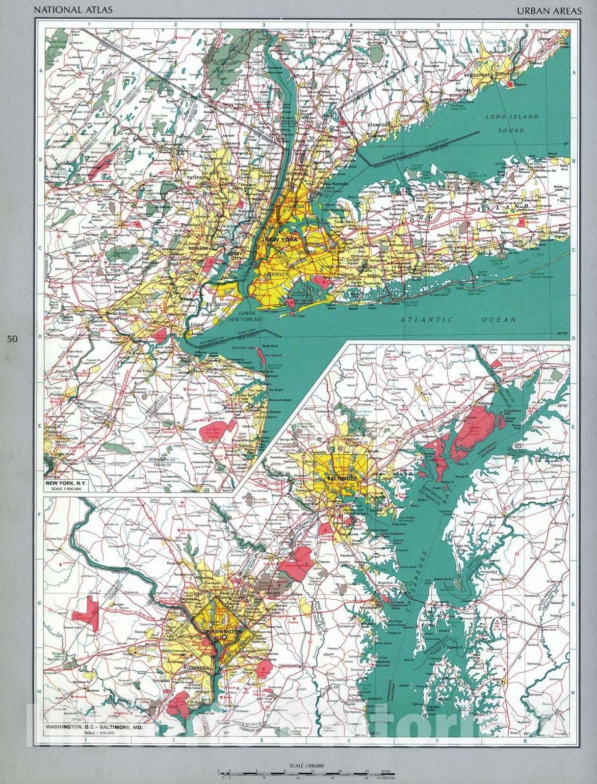 Historic 1970 Map - The National Atlas of The United States of America. - Urban Areas