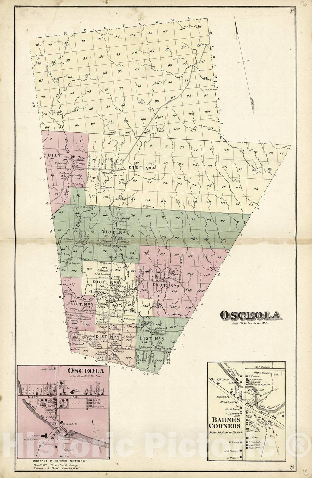 Historic 1875 Map - Atlas of Lewis Co, New York - Osceola; Barnes Corners - Atlas of Lewis County, New York