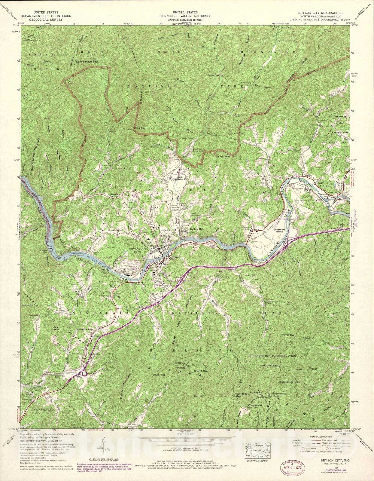 Historic 1935 Map - North Carolina. - Scale 1:24,000 (1978) - Bryson City
