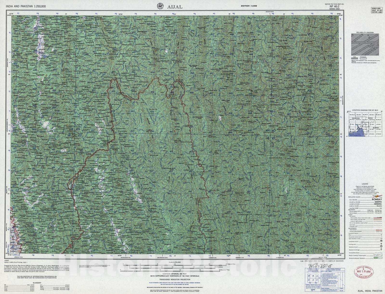 Historic 1955 Map - India and Pakistan 1:250,000. - Aijal,1960