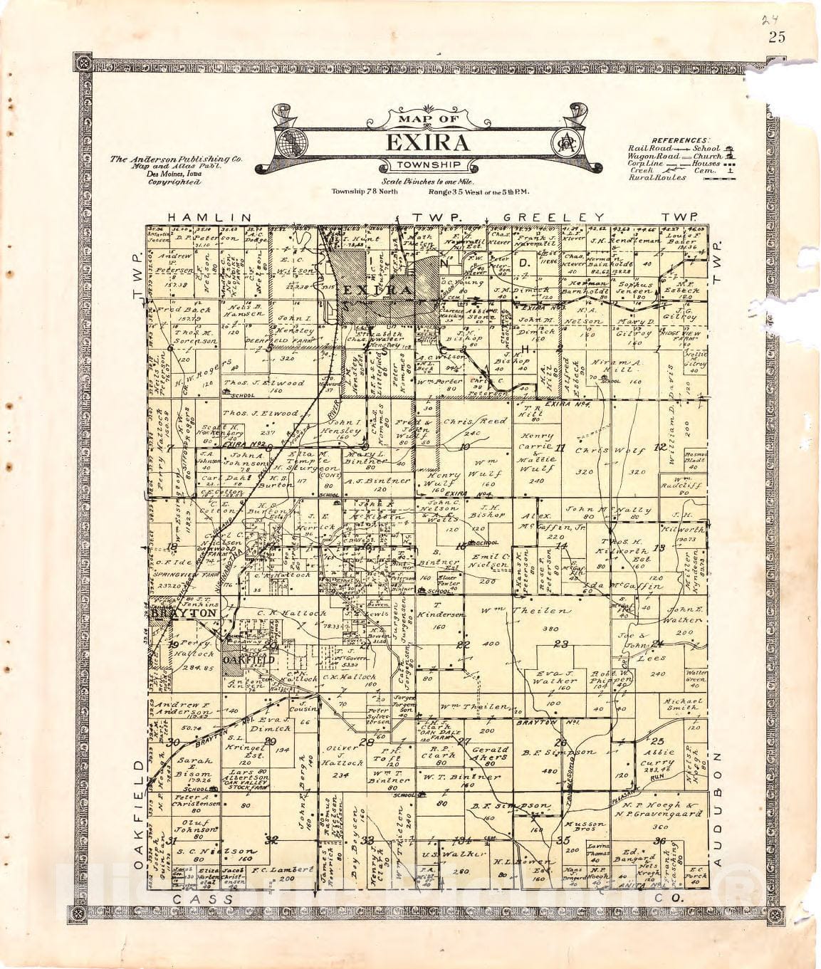 Historic 1921 Map - Atlas of Audubon County, Iowa - Map of Exira Township