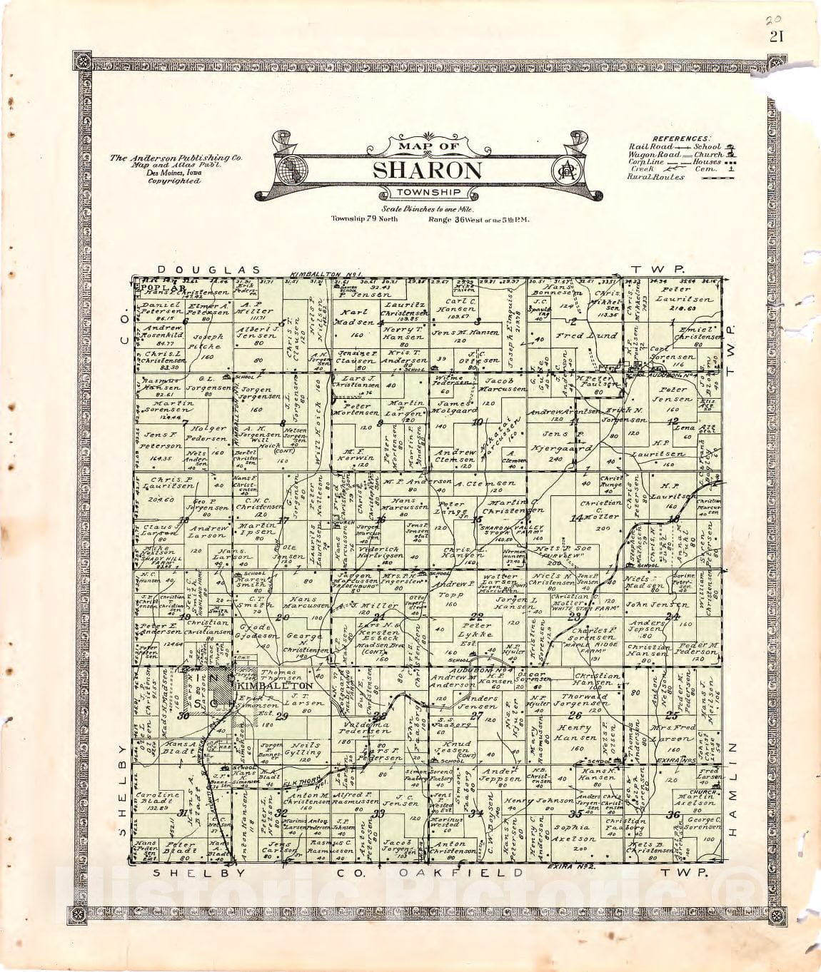 Historic 1921 Map - Atlas of Audubon County, Iowa - Map of Sharon Township