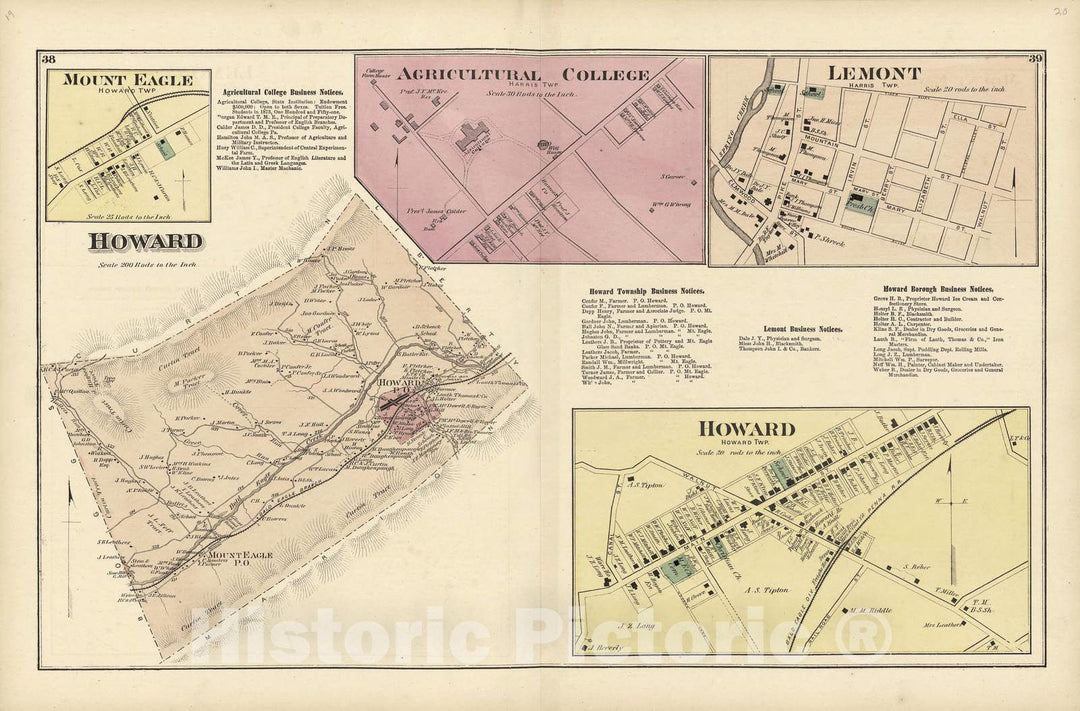 Historic 1874 Map - Atlas of Centre County, Pennsylvania - Howard; Mount Eagle; Agricultural College; Lemont