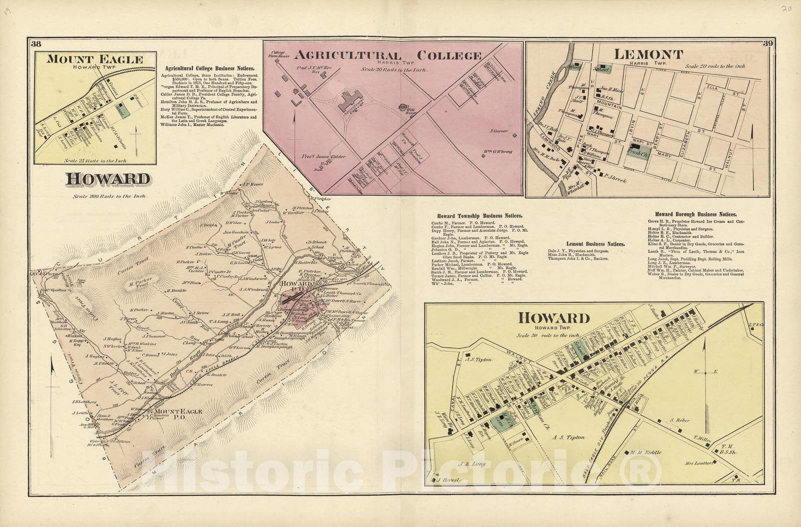 Historic 1874 Map - Atlas of Centre County, Pennsylvania - Howard; Mount Eagle; Agricultural College; Lemont