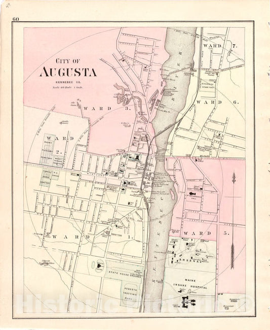 Historic 1887 Map - Colby's Atlas of The State of Maine - City of Augusta