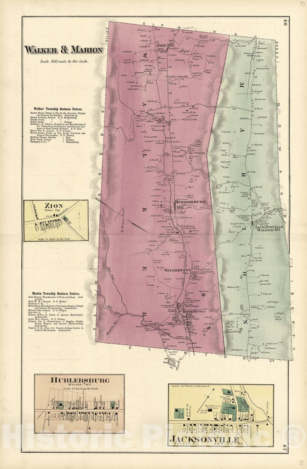Historic 1874 Map - Atlas of Centre County, Pennsylvania - Walker & Marion; Jacksonville; Hublersburg; Zion