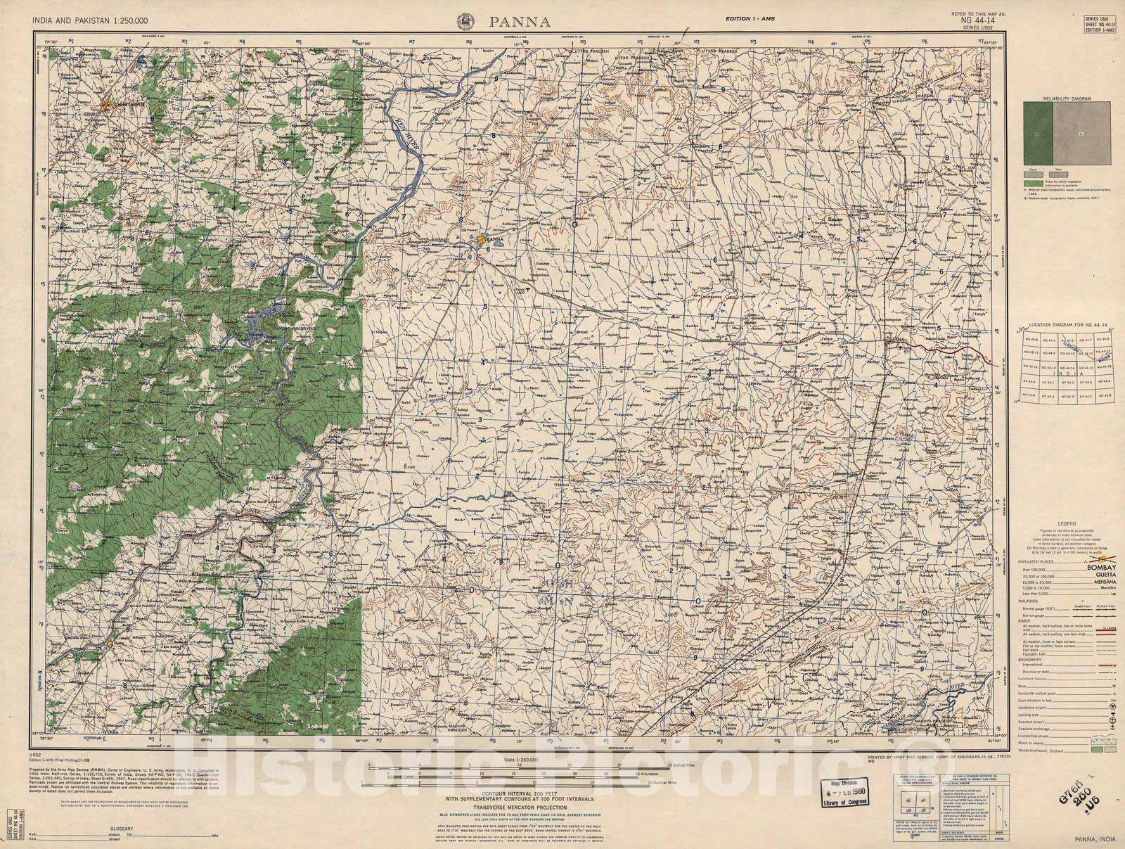 Historic 1955 Map - India and Pakistan 1:250,000. - Panna, India 1959