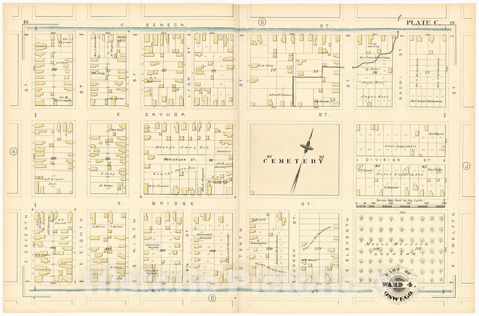 Historic 1880 Map - City Atlas of Oswego, New York - Part of Ward 4. Oswego. Plate C. - Atlas of The City of Oswego N.Y.