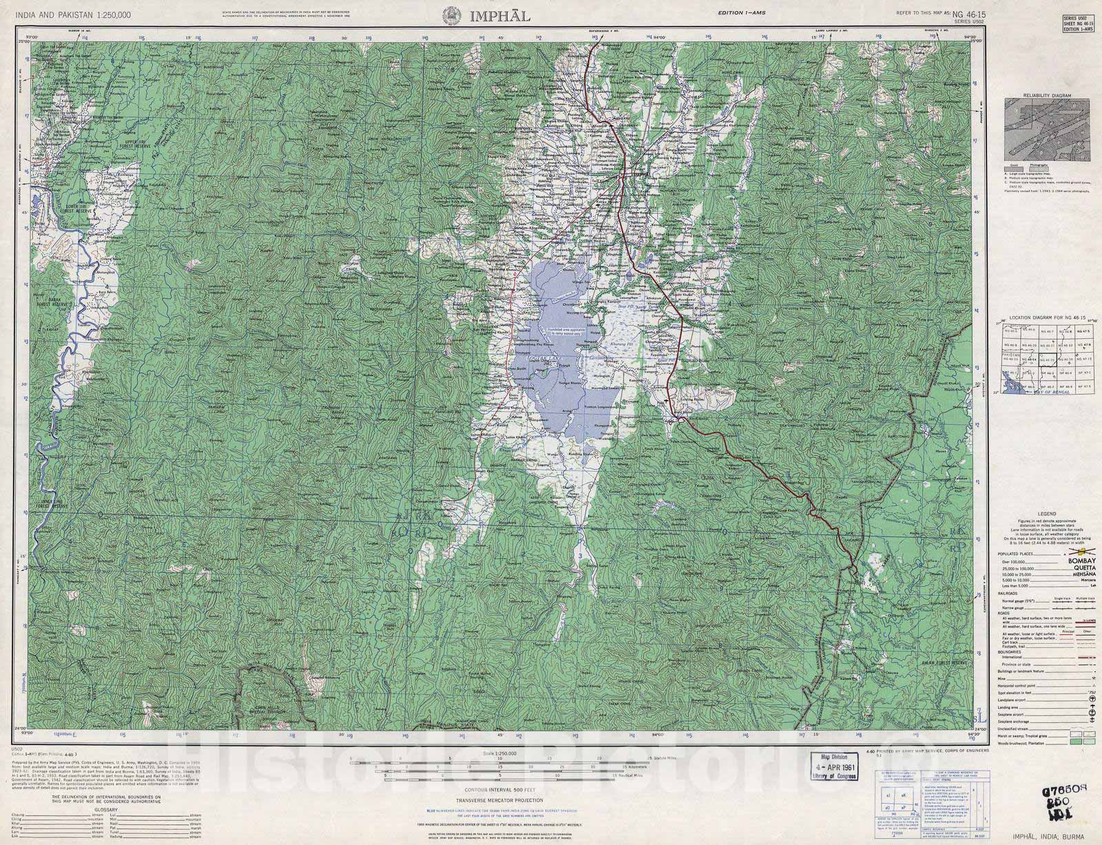 Historic 1955 Map - India and Pakistan 1:250,000. - Imphal, India, Burma 1960