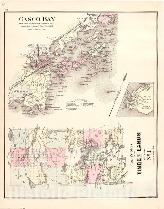 Historic 1887 Map - Colby's Atlas of The State of Maine - Casco Bay; Colby's Maps of The Timber Lands of Maine No. 1