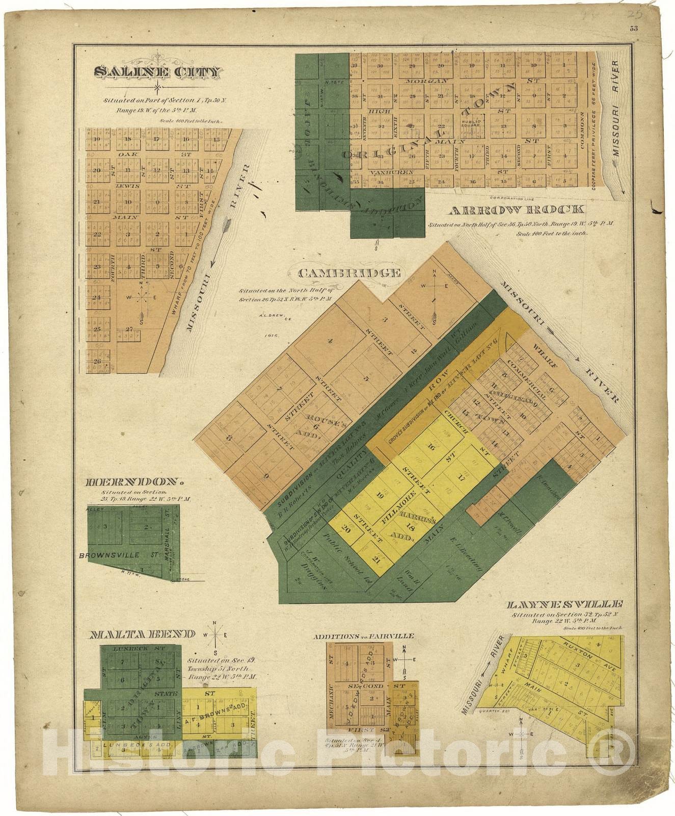 Historic 1876 Map - Township plats : Saline County, Missouri. - Saline City - Illustrated Atlas map of Saline County, Missouri
