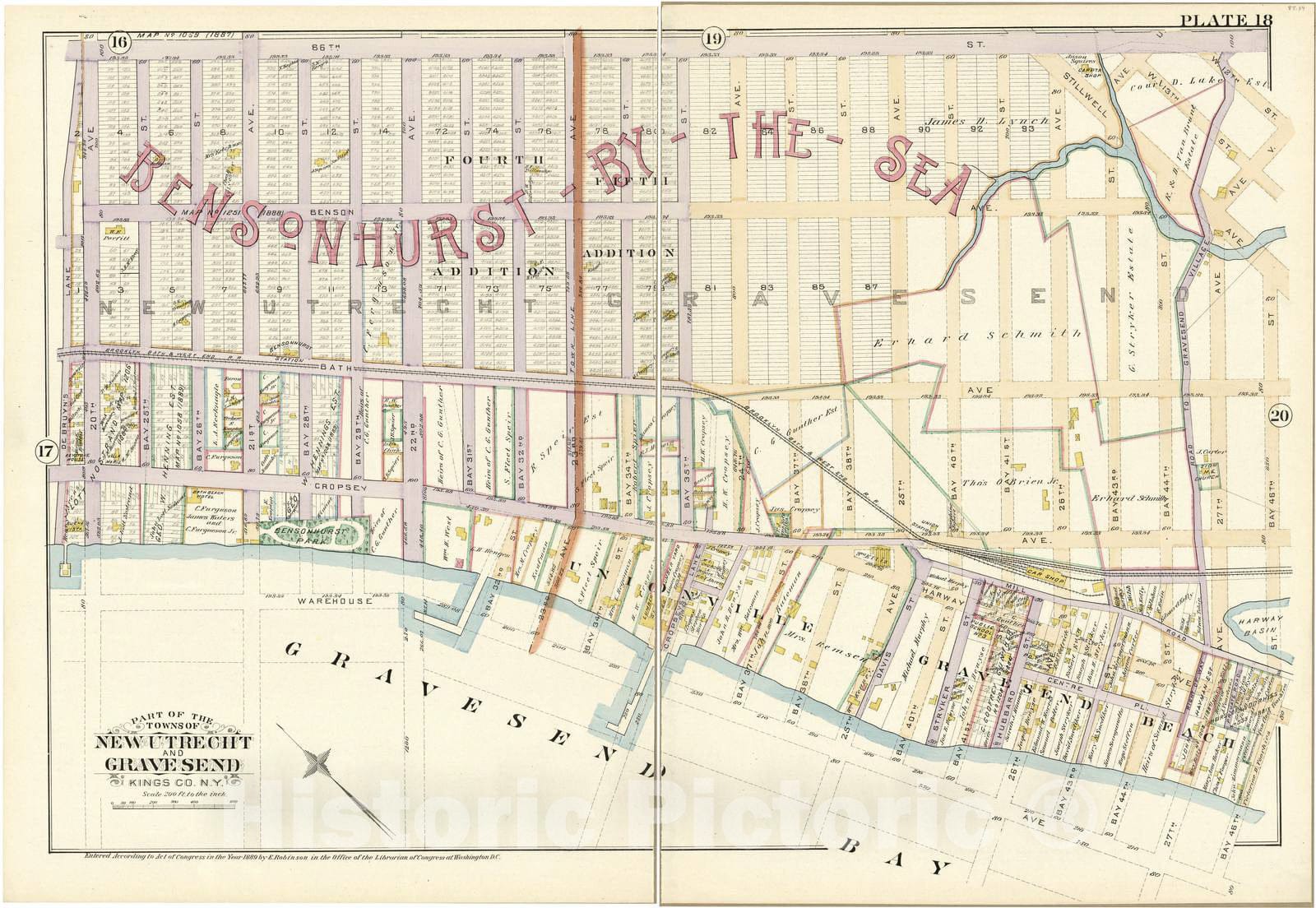 Historic 1890 Map - Robinson's Atlas of Kings County, New York - Plate 18 - Part of The Towns of New Utrecht and Gravesend, Kings Co, N.Y.