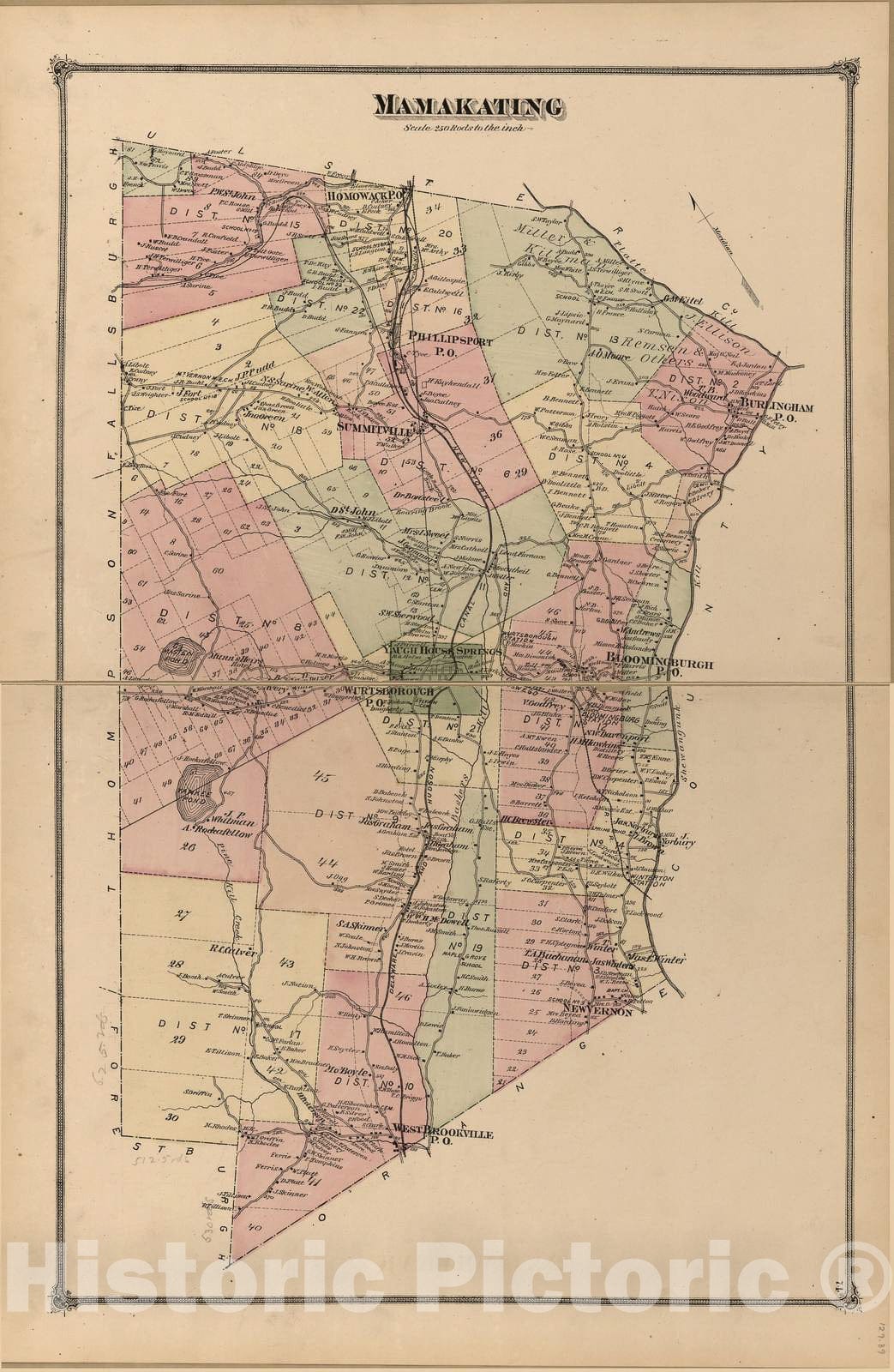 Historic 1875 Map - County Atlas of Sullivan, New York - Mamakating