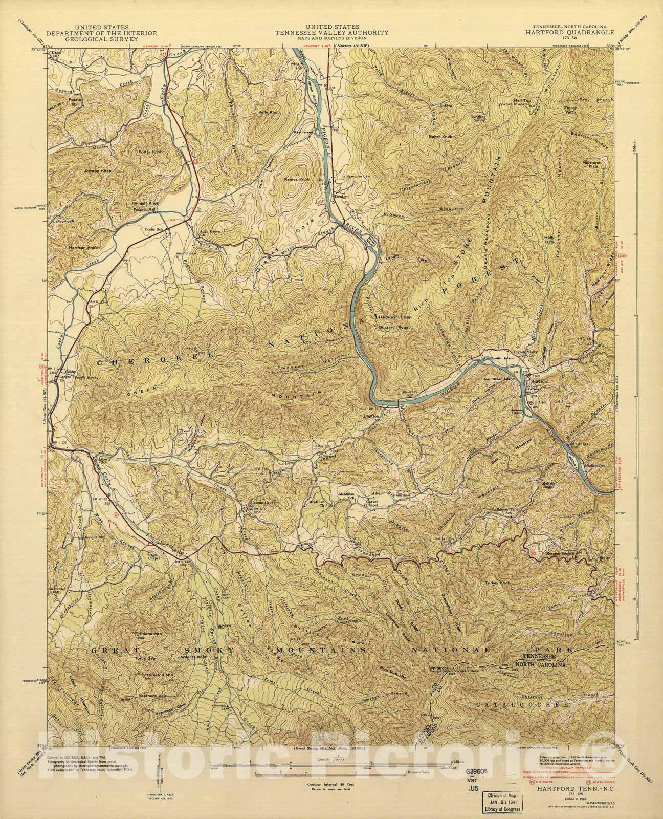 Historic 1935 Map - Tennessee. - Scale 1:24,000 (1940) - Hartford