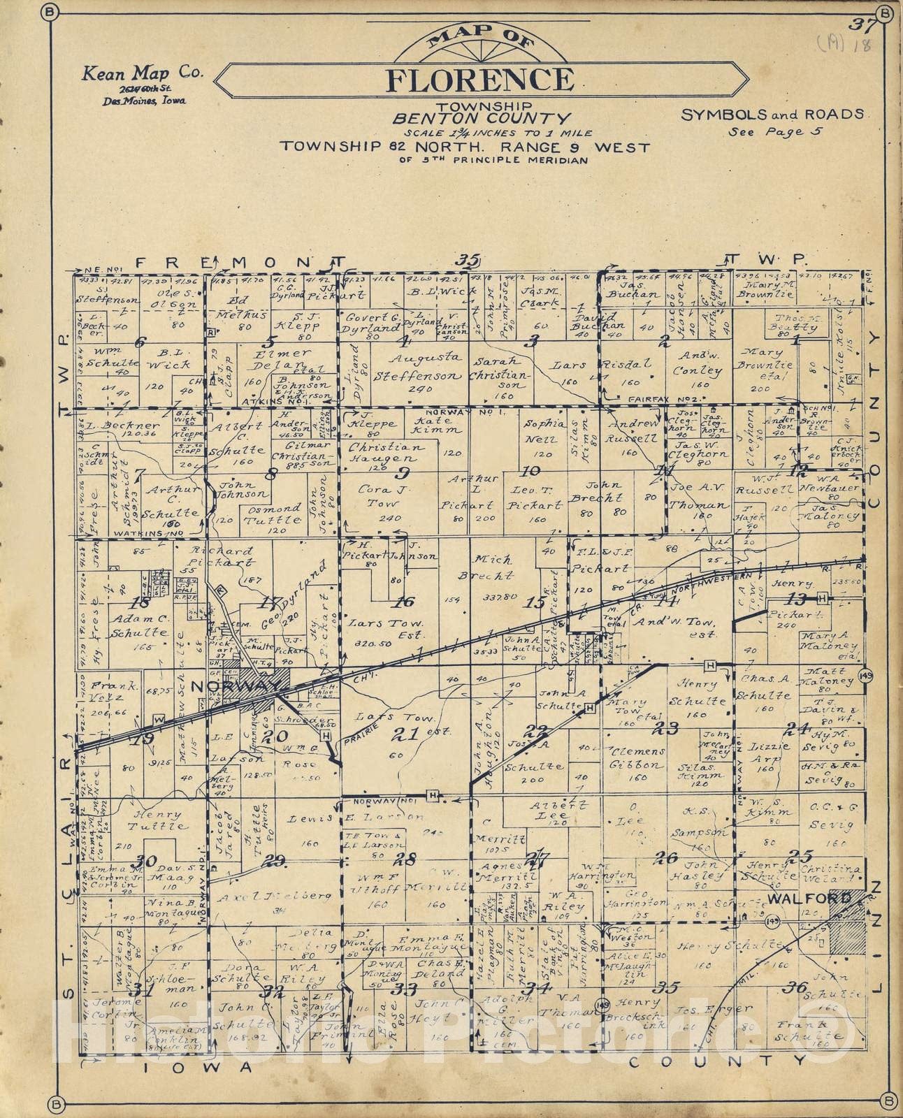 Historic 1930 Map - Atlas of Benton County, Iowa. - Florence Township