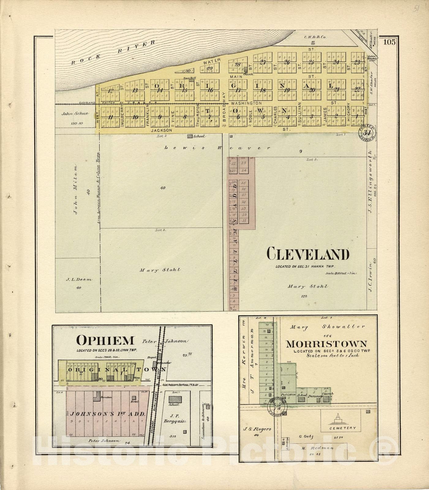 Historic 1893 Map - Plat Book of Henry County, Illinois - Cleveland; Ophiem; Morristown