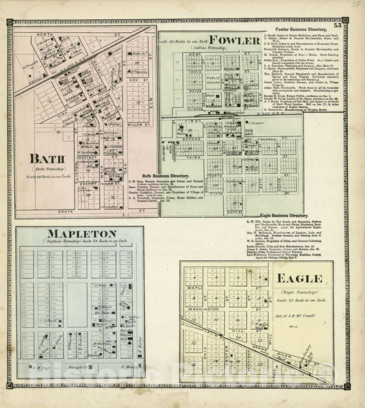 Historic 1873 Map - Atlas of Clinton County, Michigan - Bath; Fowler; Mapleton; Eagle