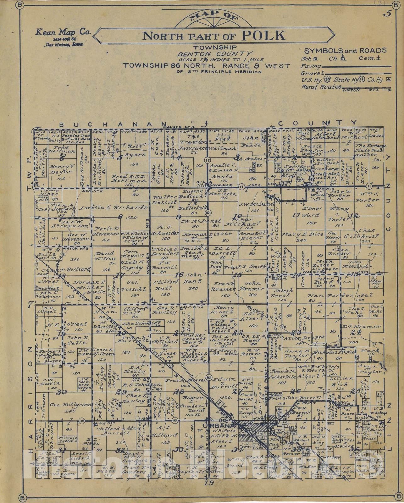 Historic 1930 Map - Atlas of Benton County, Iowa. - North Part of Polk Township
