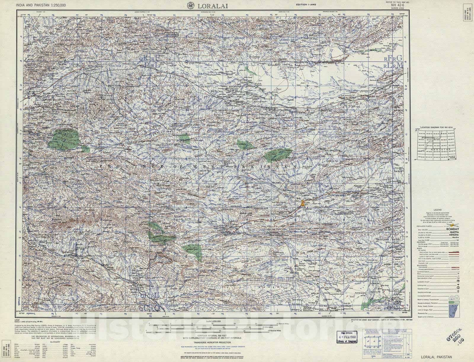 Historic 1955 Map - India and Pakistan 1:250,000. - Loralai, Pakistan 1959