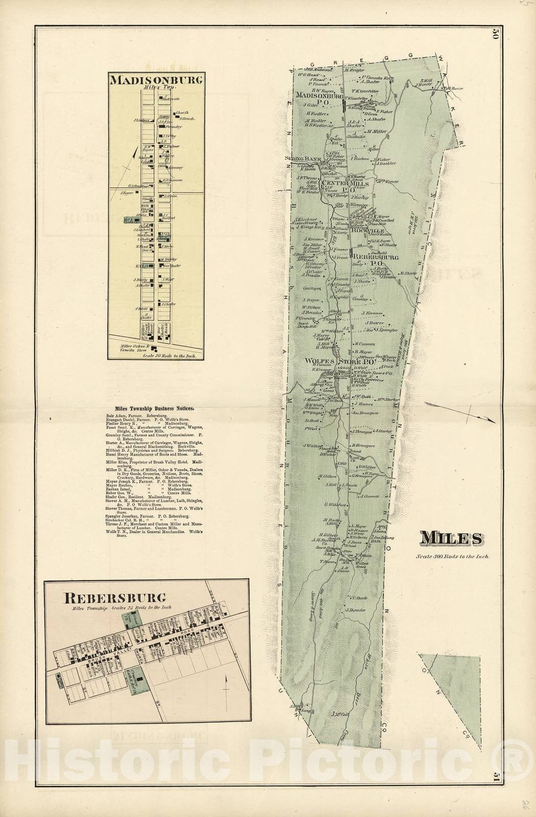 Historic 1874 Map - Atlas of Centre County, Pennsylvania - Miles; Rebersburg; Madisonburg