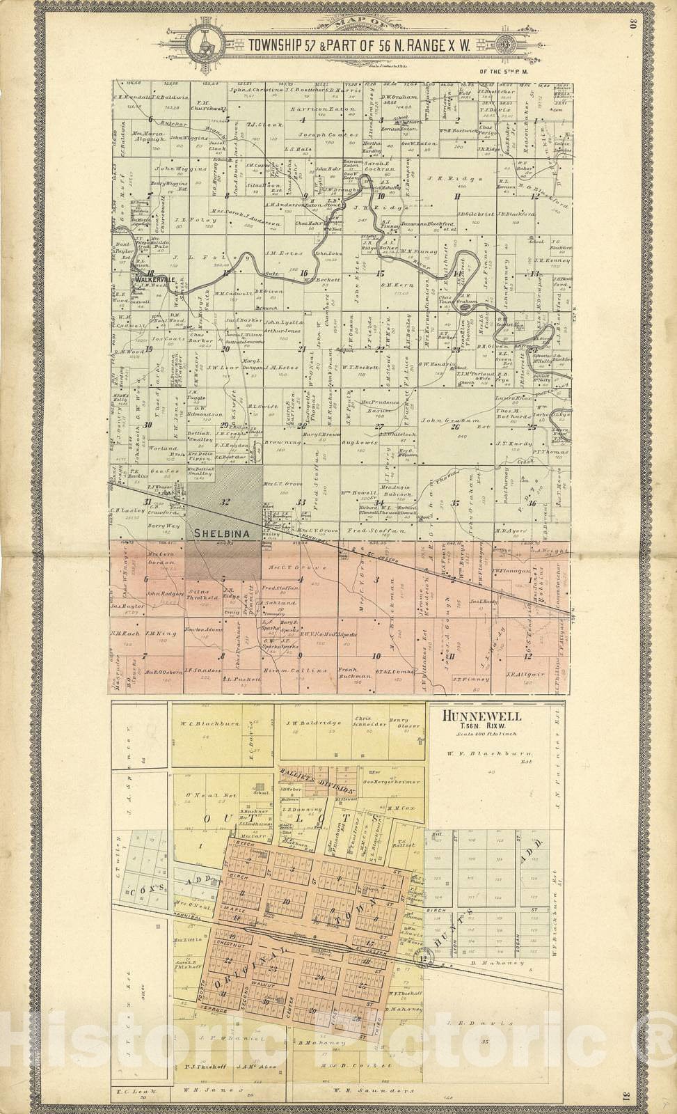 Historic 1902 Map - Standard Atlas of Shelby County, Missouri - Map of Township 57 & Part of 56 N. Range XI W; Hunnewell