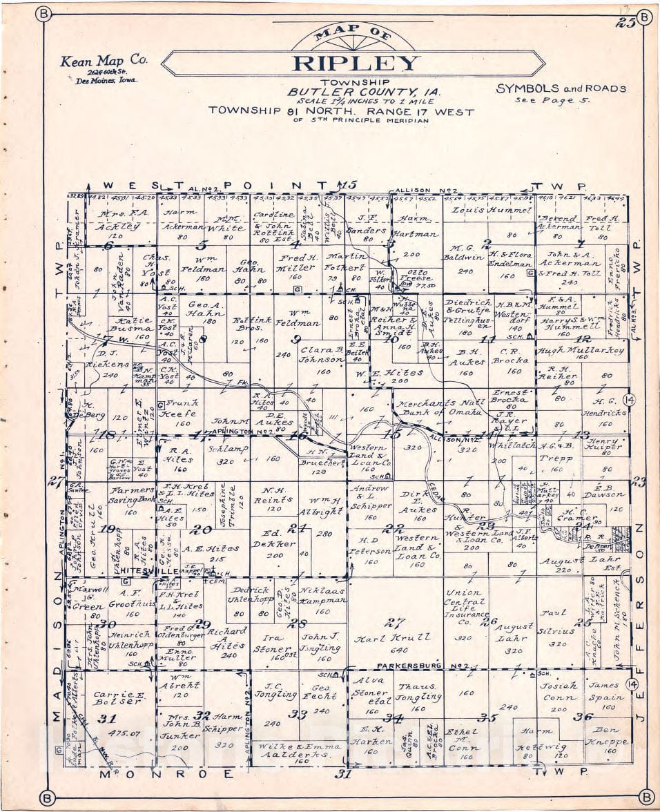 Historic 1930 Map - Atlas of Butler County, Iowa. - Map of Ripley Township Butler County, Iowa