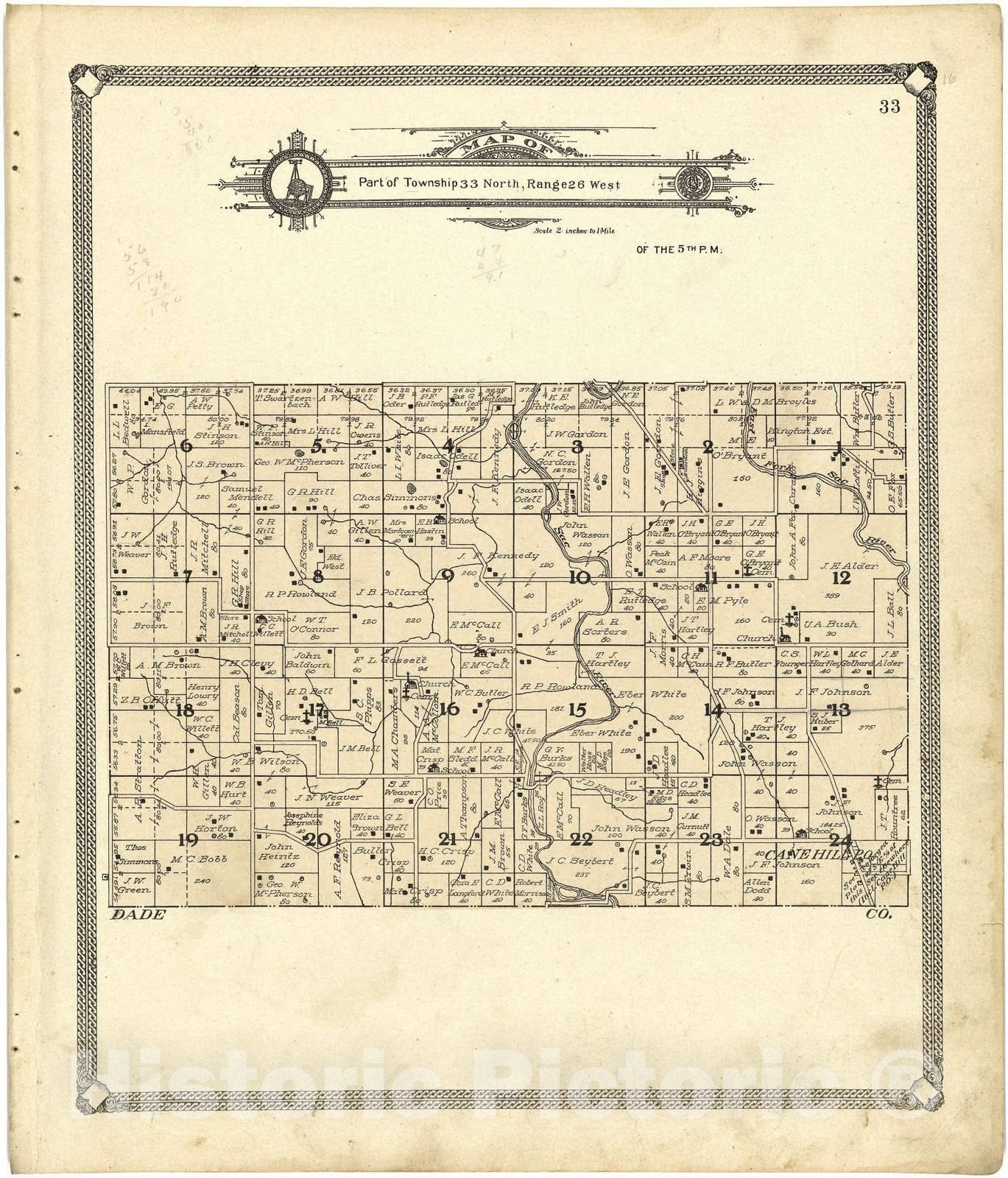 Historic 1908 Map - Standard Atlas of Cedar County, Missouri - Map of Part of Township 33 North, Range 25 West