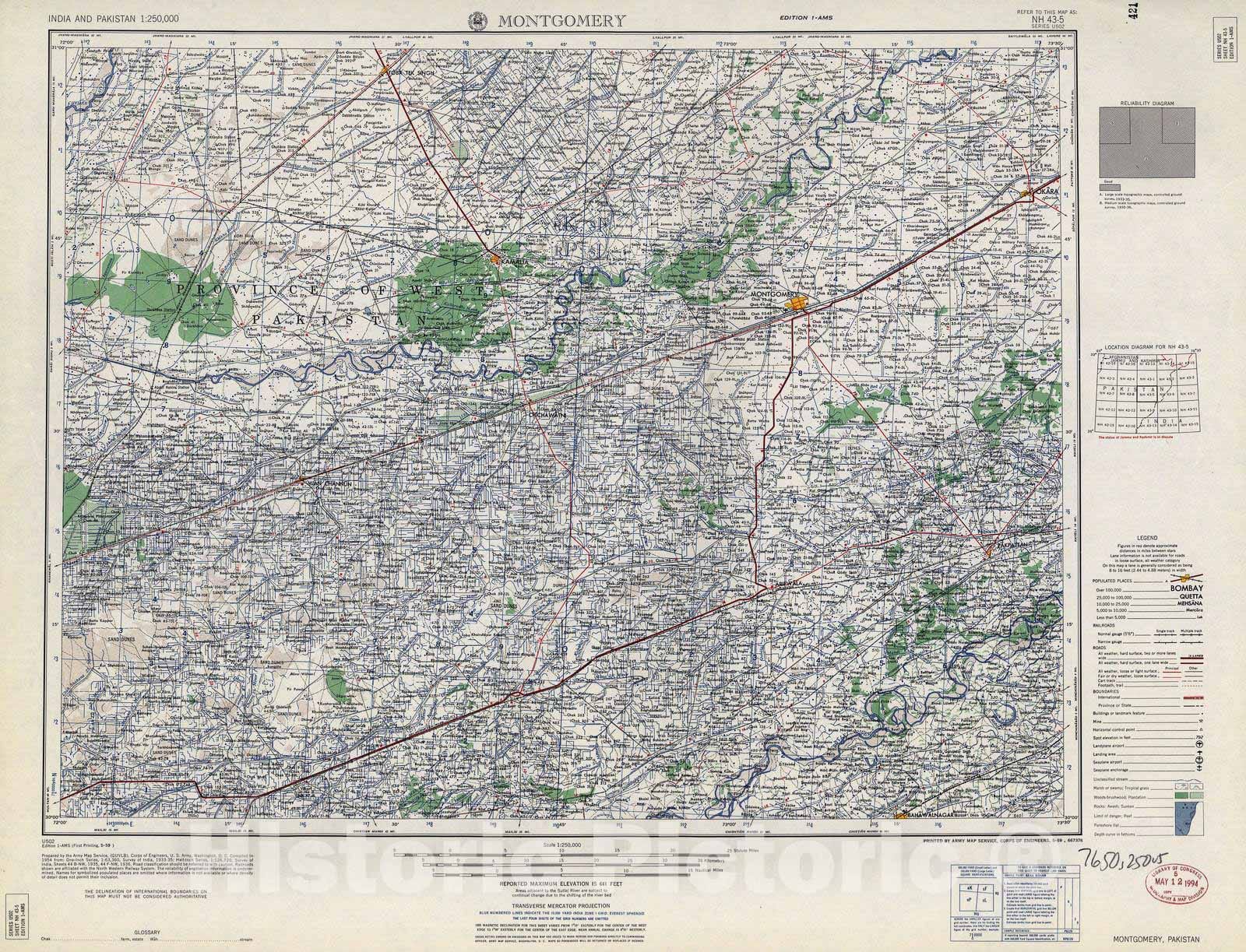Historic 1955 Map - India and Pakistan 1:250,000. - Montgomery, Pakistan 1959