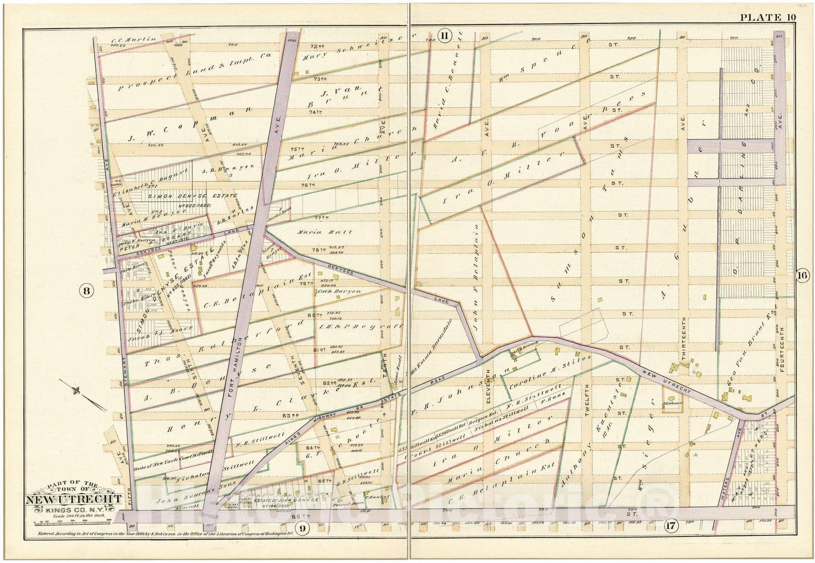 Historic 1890 Map - Robinson's Atlas of Kings County, New York - Plate 10 - Part of The Town of New Utrecht, Kings Co, N.Y.