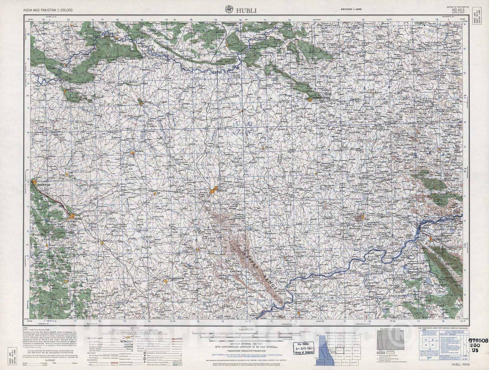 Historic 1955 Map - India and Pakistan 1:250,000. - Hubli, 1960