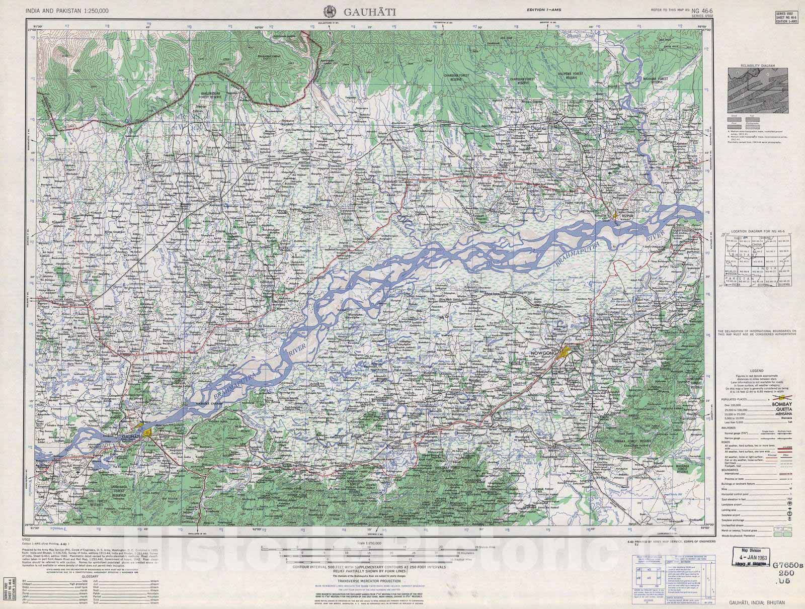 Historic 1955 Map - India and Pakistan 1:250,000. - Gauhati, India, Bhutan 1960