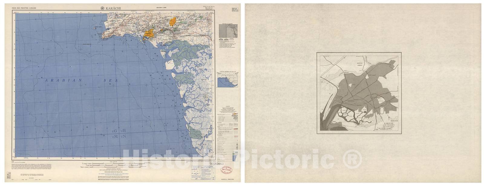 Historic 1955 Map - India and Pakistan 1:250,000. - Karachi, Pakistan 1959