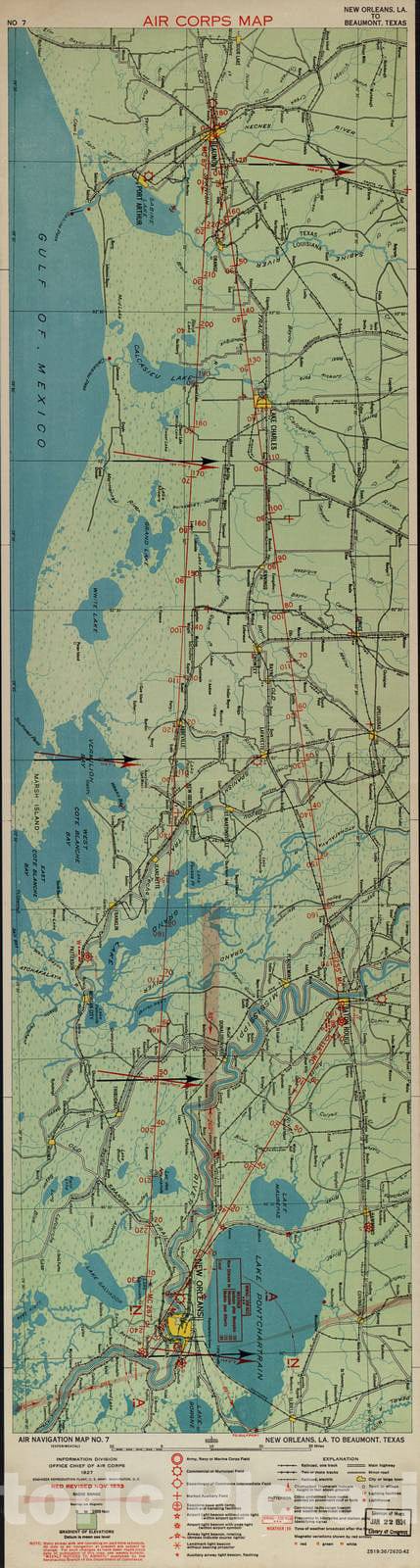 Historic 1924 Map - Aeronautical Strip maps of The United States. - No. 7, 1927 - rev. Nov. 1933 - Air Corps map