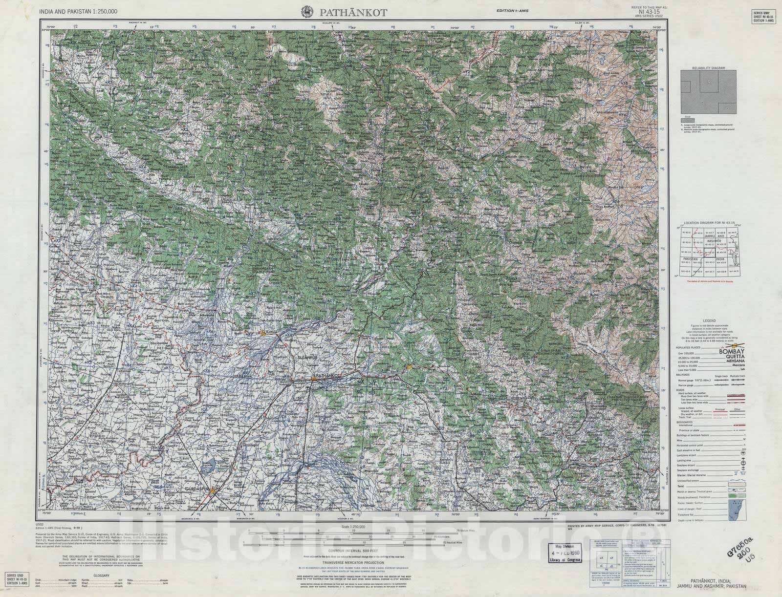 Historic 1955 Map - India and Pakistan 1:250,000. - Pathankot, 1959