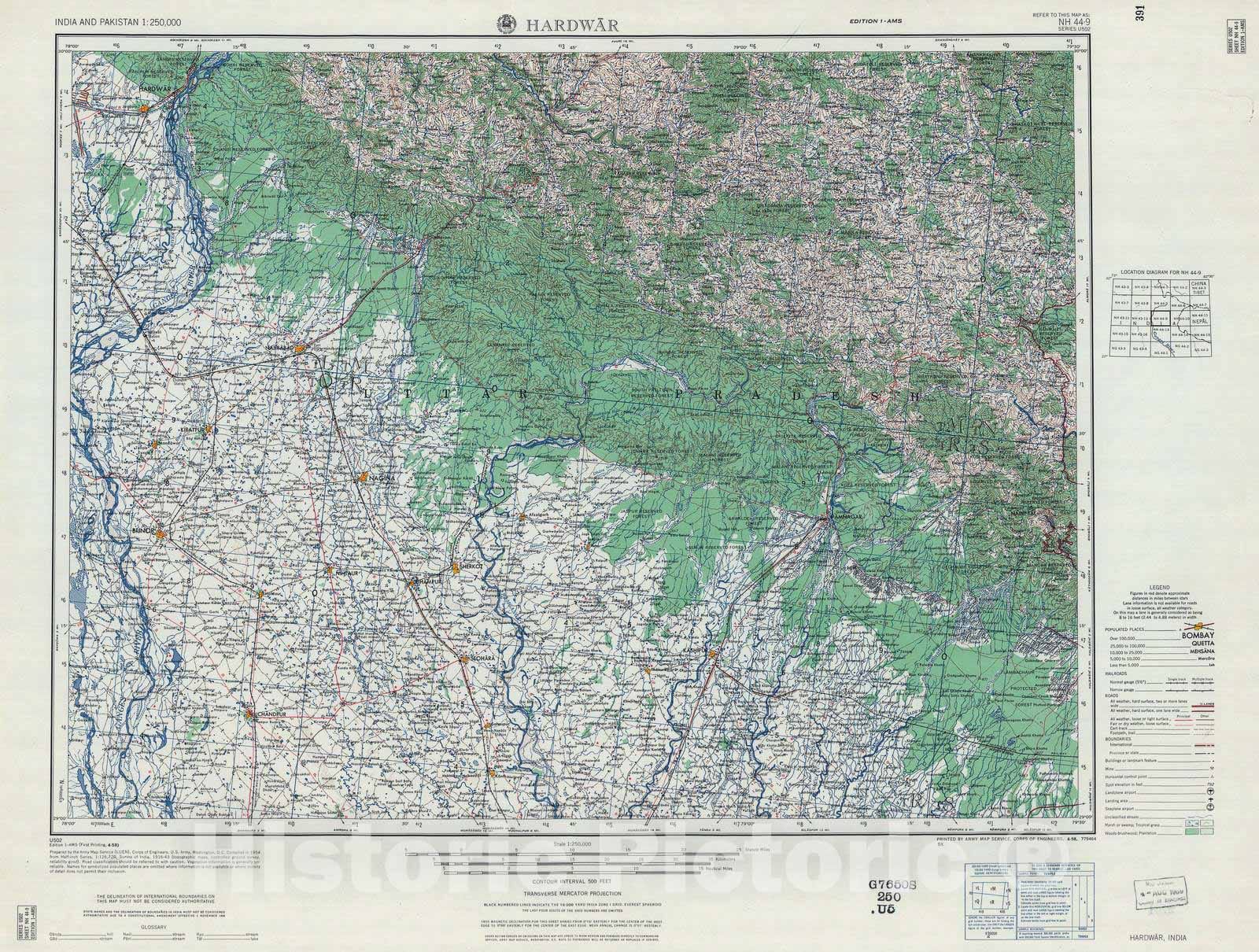 Historic 1955 Map - India and Pakistan 1:250,000. - Hardwar, 1958