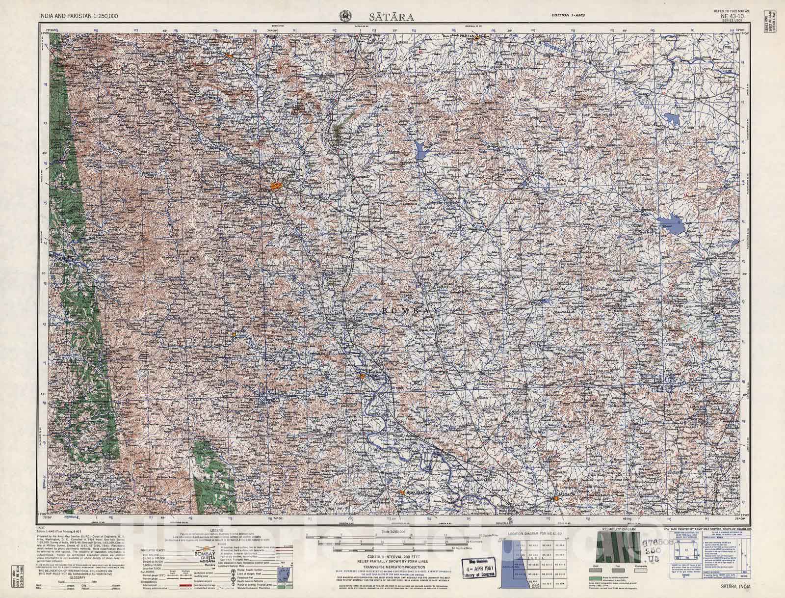 Historic 1955 Map - India and Pakistan 1:250,000. - Satara, 1960