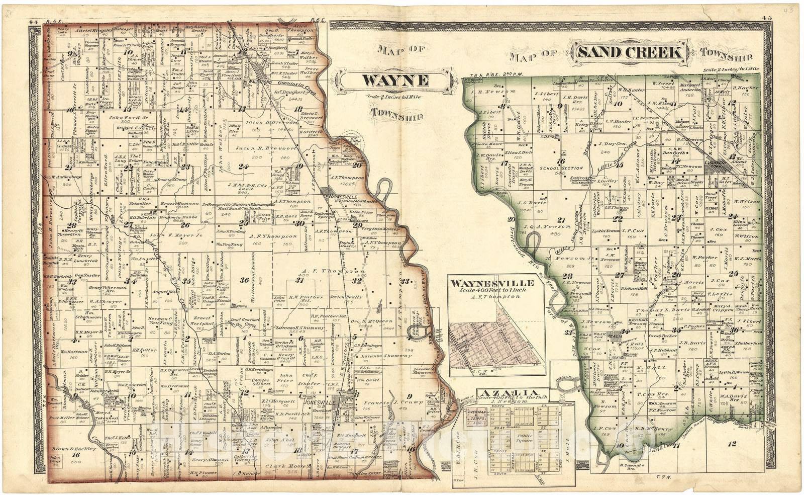Historic 1879 Map - Atlas of Bartholomew Co, Indiana - Map of Wayne Township; Map of Sand Creek Township - Atlas of Bartholomew County, Indiana