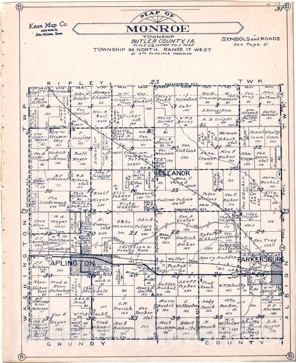Historic 1930 Map - Atlas of Butler County, Iowa. - Map of Monroe Township Butler County, Iowa