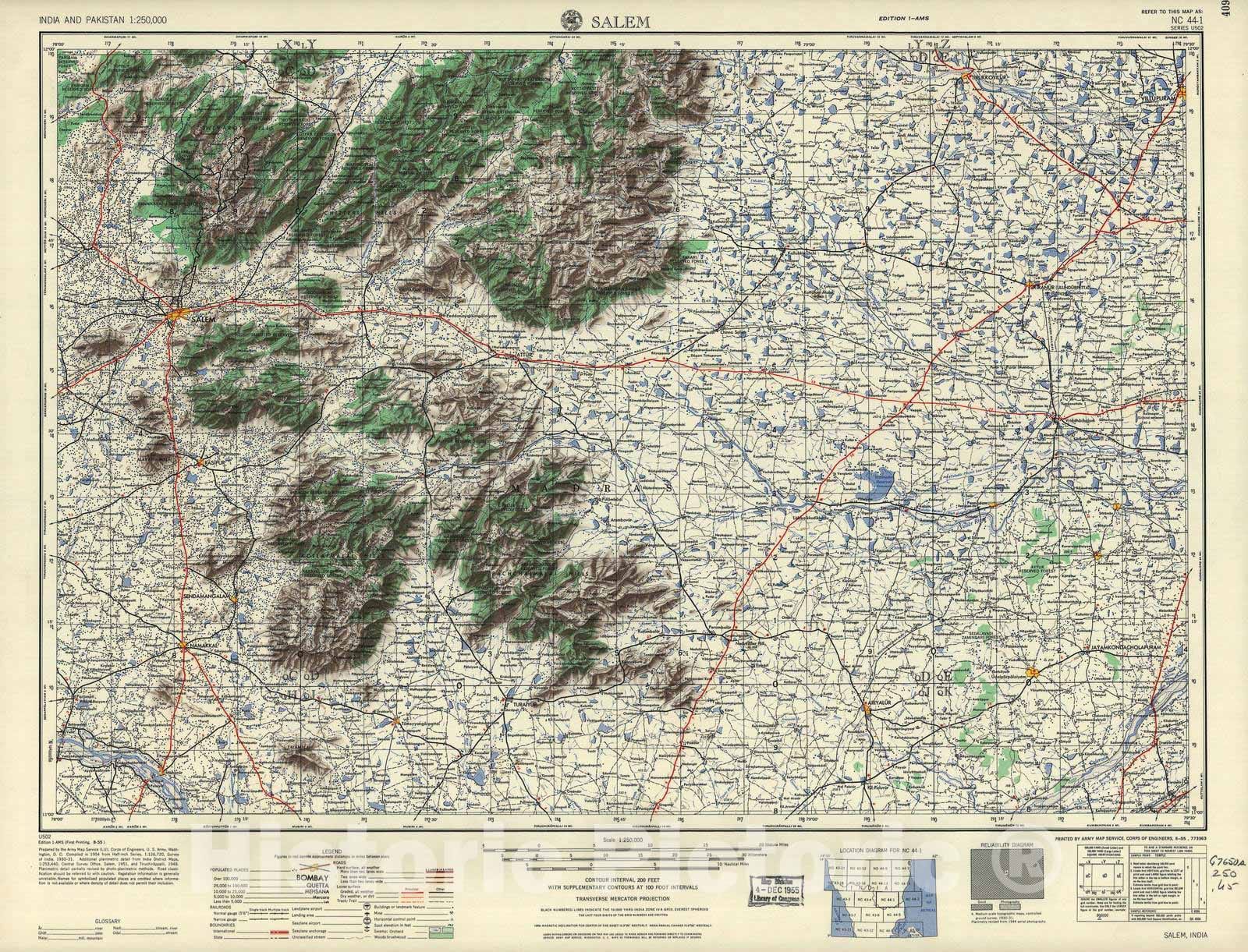 Historic 1955 Map - India and Pakistan 1:250,000. - Salem, 1955