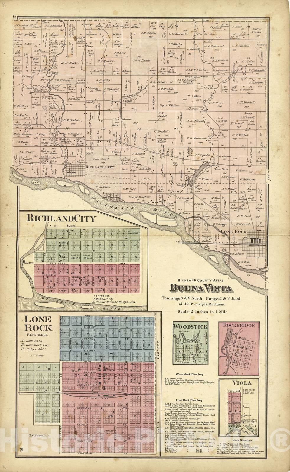 Historic 1874 Map - Atlas of Richland Co, Wisconsin - Maps of: Buena Vista, Richland City, and Lone Rock - Atlas of Richland County, Wisconsin
