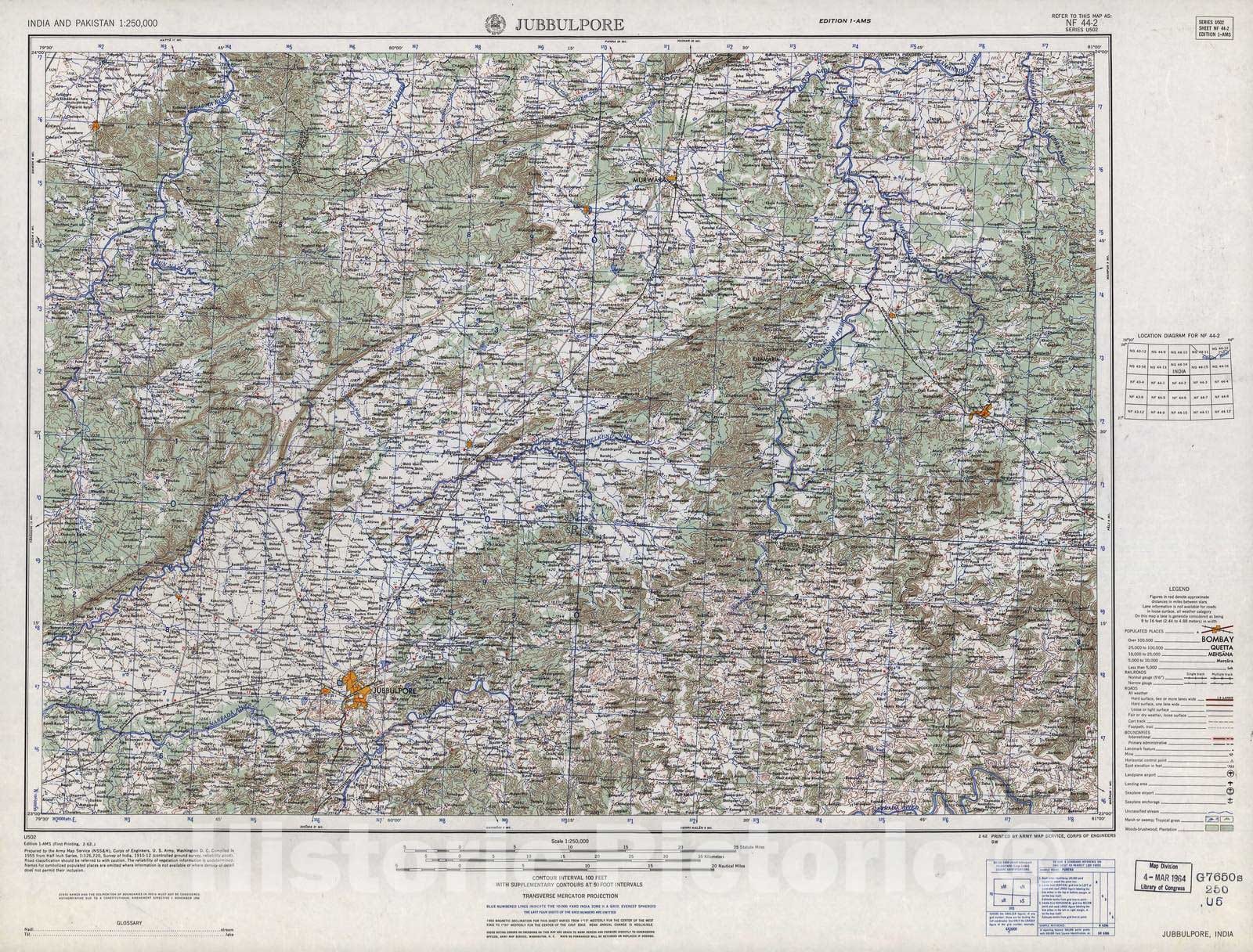 Historic 1955 Map - India and Pakistan 1:250,000. - Jubbulpore, 1962