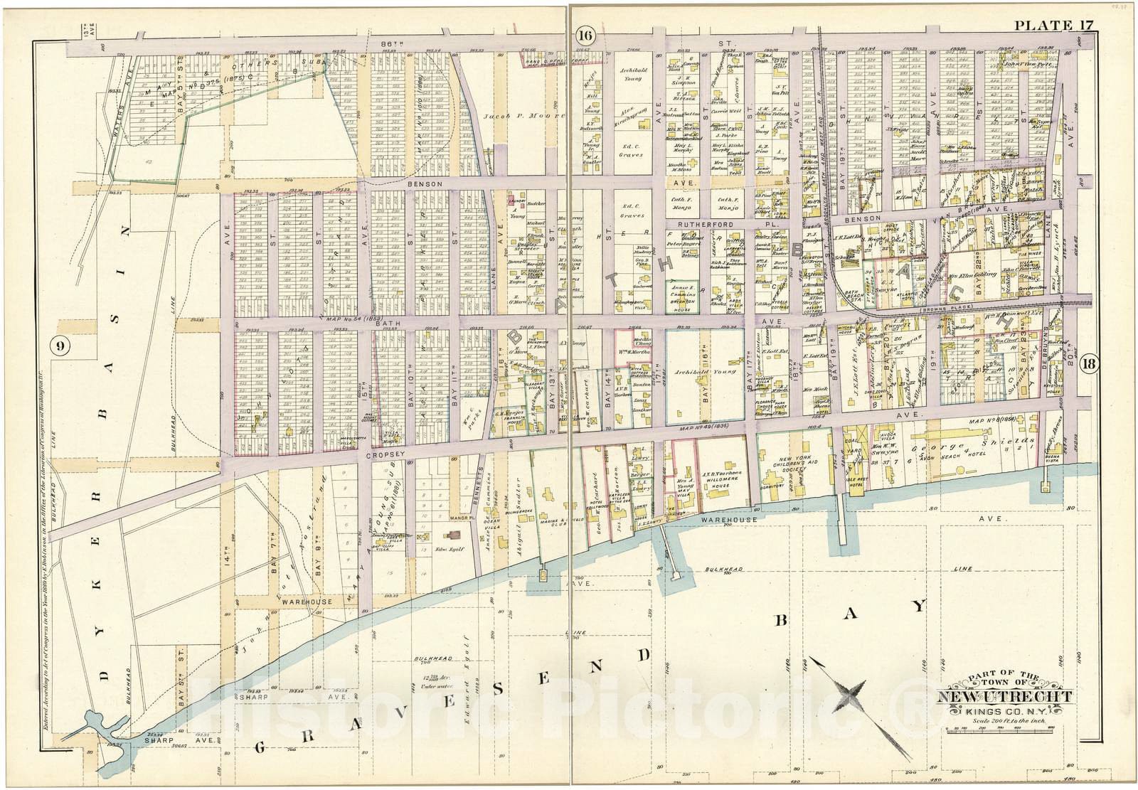 Historic 1890 Map - Robinson's Atlas of Kings County, New York - Plate 17 - Part of The Town of New Utrecht, Kings Co, N.Y.